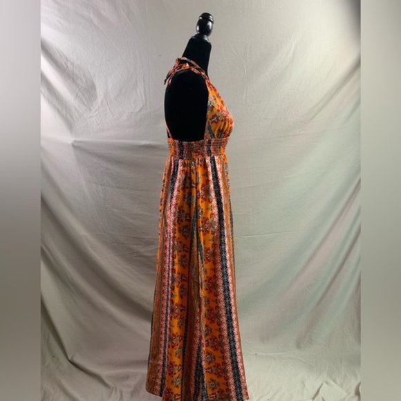 Boho Orange Tie Shoulder Criss Cross Backless Cami Dress - Picture 8 of 9